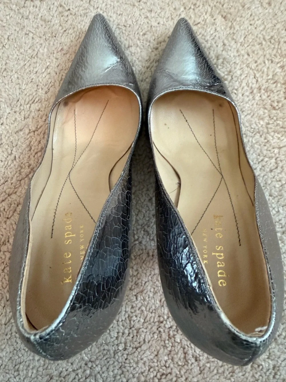 Kate Spade New York Silver Crackled Leather Pumps Heels Stilettos Women's Size 7